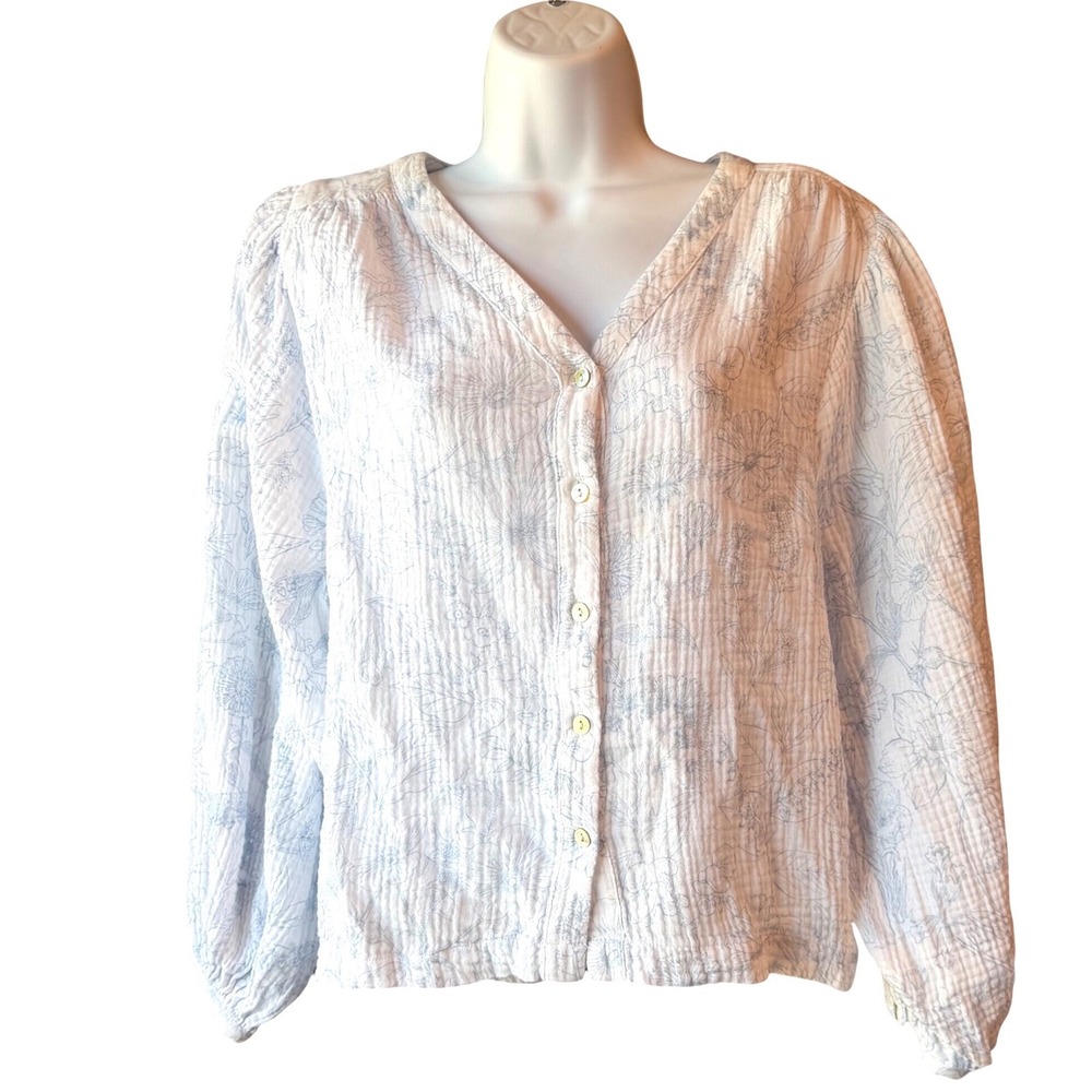Laura Ashley Blue Floral Cotton Gauze Button Front Blouse Medium Cottagecore